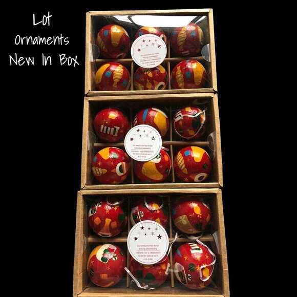 Handcrafted Paper Mache Ornaments - Glossy Round Balls - Lot of 18 New In Box